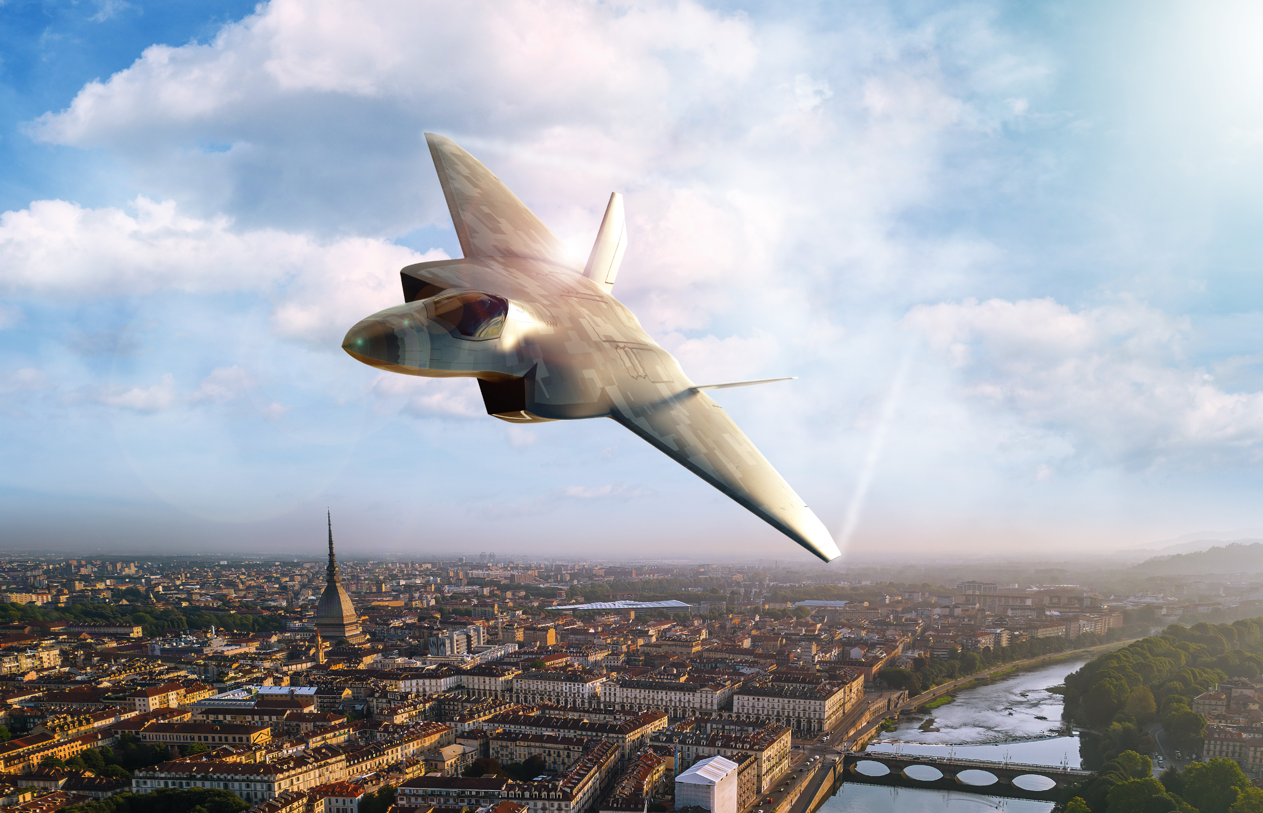 A CGI image of the GCAP aircraft flying over a city