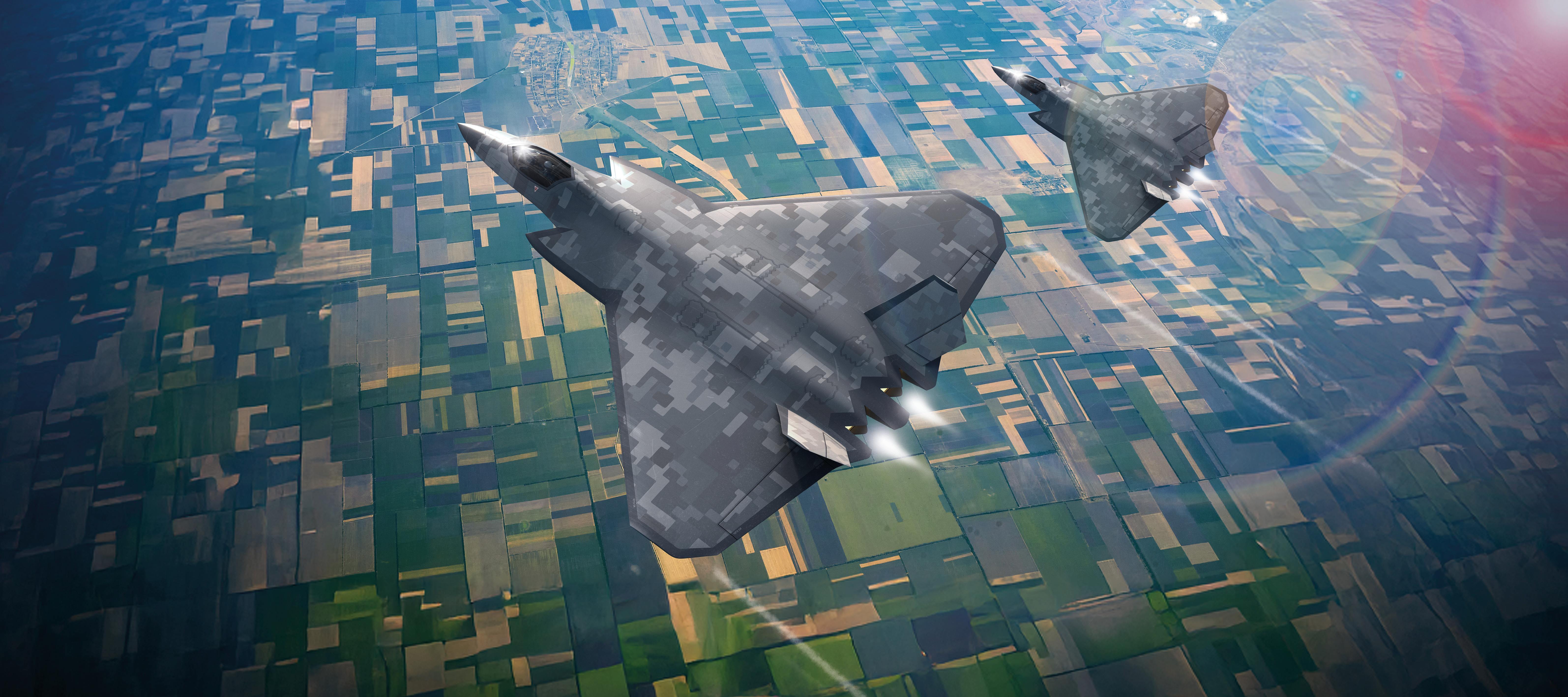 A concept of two GCAP aircraft flying over fields